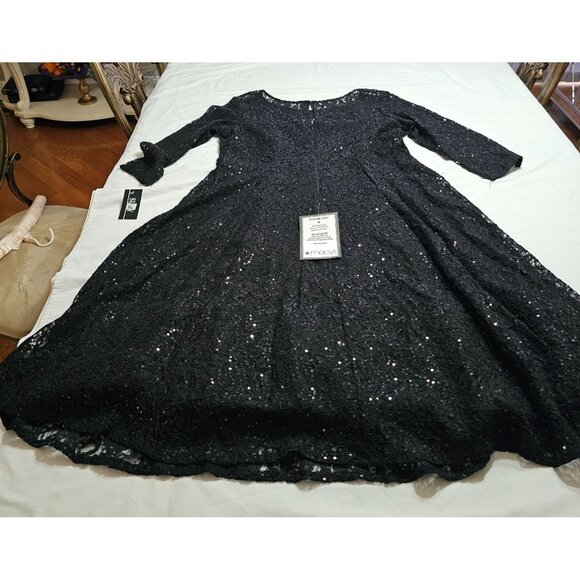 NWT SLNY Black Sequin Lace Party Dress 14 With 3/4 Sleeves & A-Line Silhouette - Picture 4 of 14